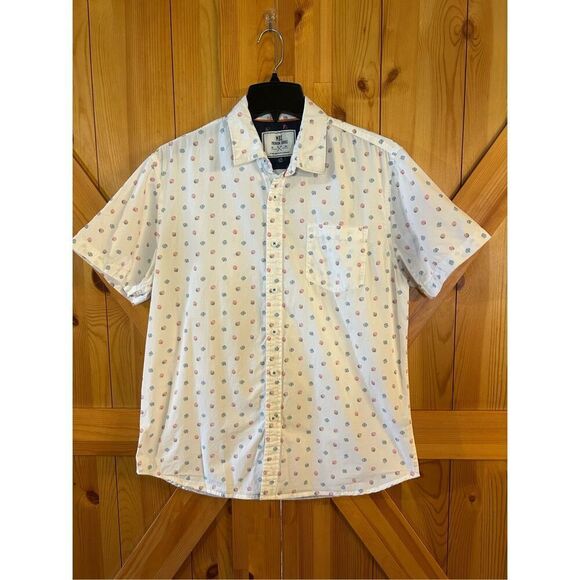 MBX Premium Goods Shirt Mens Large White Circle Print Button Short Sleeve Pocket - Picture 1 of 7